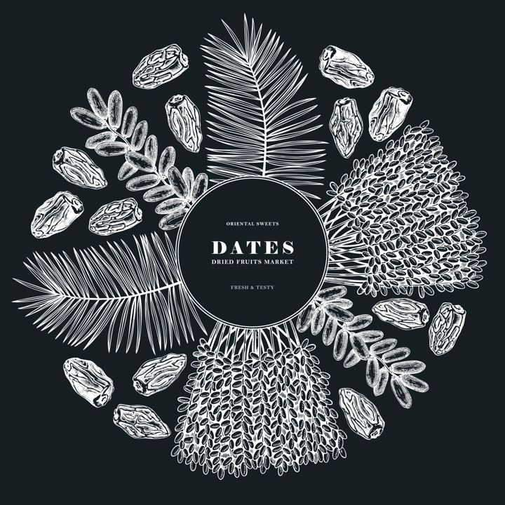 Hand drawn dates leaves, fresh and dried fruits, palm sketches wreath. Dehydrated fruit in engraved style design on chalkboard. Oriental sweets illustration. Vintage dried dates packaging template
